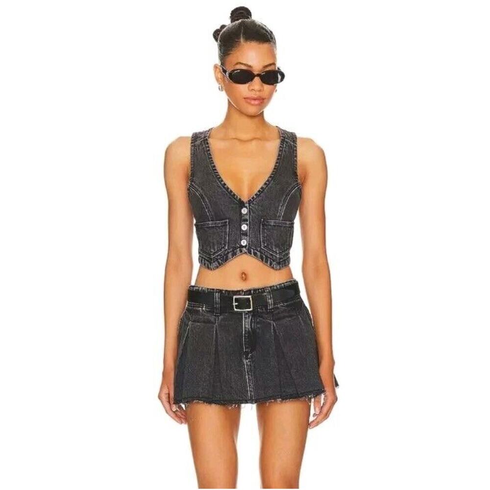Abrand Jeans Revolve Cotton Denim Pleated Pocket Micro Mini Skirt Black 30 - Picture 13 of 13